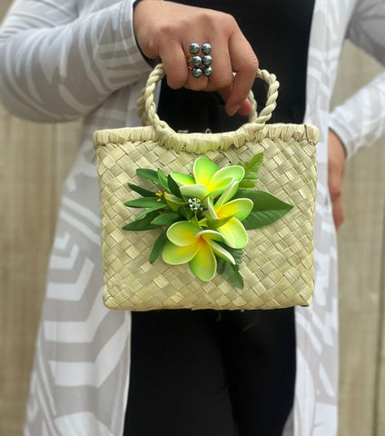 Woven Hand Bag with Added Plumerias